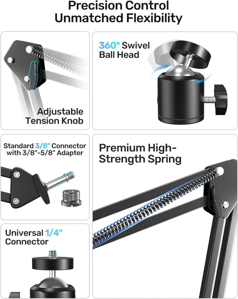 Etour Webcam Stand, Boom Arm Camera Mount Stand for Logitech Webcam BRIO 4K C920 C920S C922 C922x C925e C930 NexiGo N60, 1/4"-3/8" and 3/8"-5/8" Screw for Blue Yeti Snowball Yeti Nano and Other Mics - Image 4